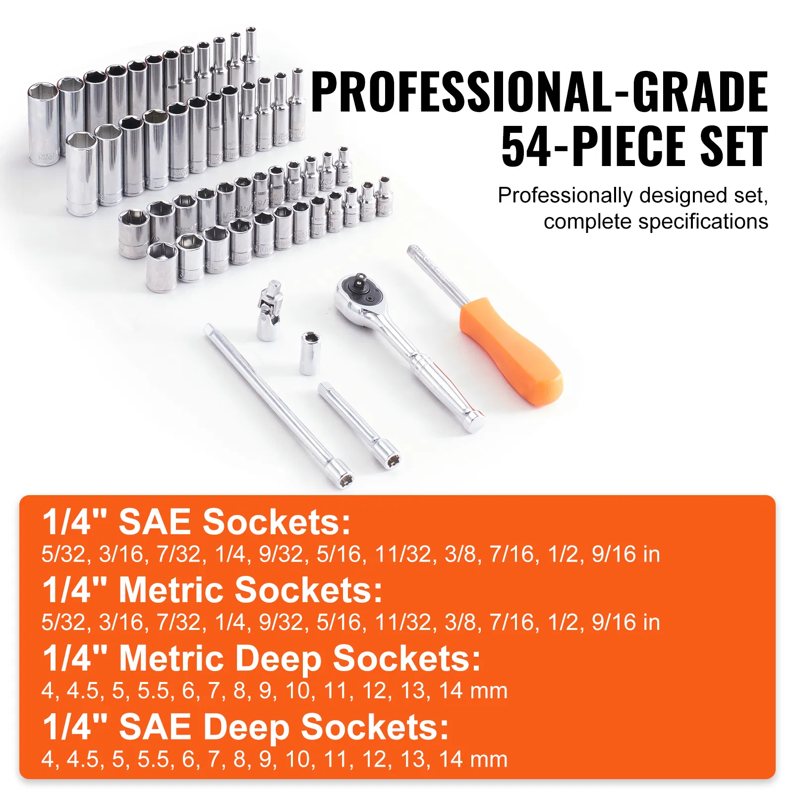54-Piece Socket Set with 1/4 Inch Drive Ratchet,6-Point Deep&Standard Sockets(SAE&Metric),Includes Accessories&Storage Case