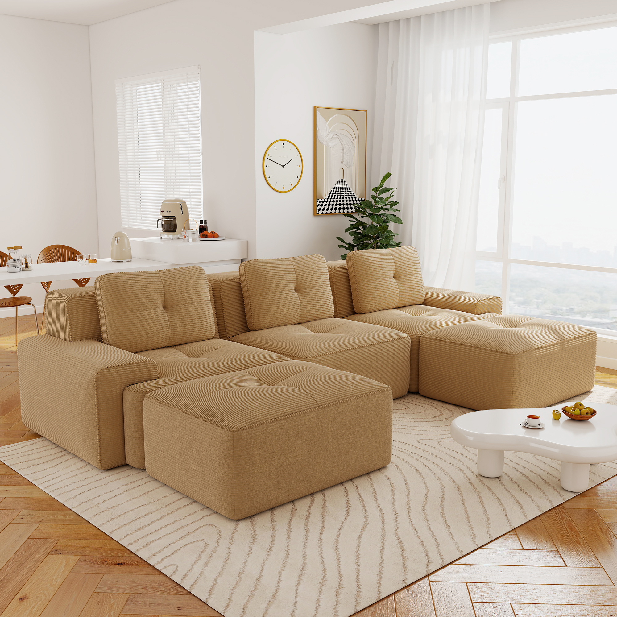 Aukfa 5-Piece Tufted Modular Corduroy Sectional Sofa with 2 Ottomans for Living Room, 29.5" Deep Seat, Camel