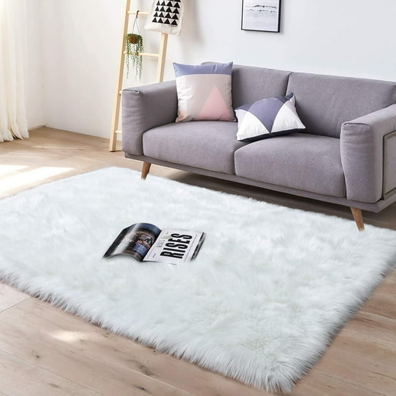 Lochas Soft Fluffy Rugs Faux Sheepskin Area Rug for Bedroom Living Room Bedside Carpet Nursery Washable Floor Mat,3'x5',White