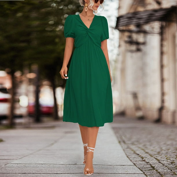 Womens Summer Dresses Puff Short Sleeve Plain Daily Midi Dress