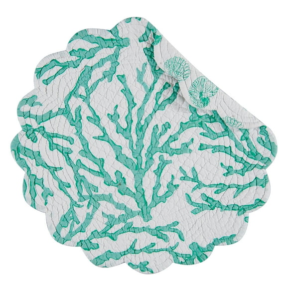 Cora Seafoam Round Placemat Set Of 4 Cotton Quilted Coastal Beach Reversible Machine Washable Table Top Table Linens 17" X 17"