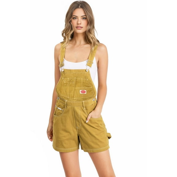 Revolt Women's Juniors Vintage Twill/Denim Short Overalls (S, Mustard)