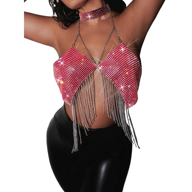 TRKIYQC Mujeres Casual Tank Tops, Color sólido Sin Mangas Sin Espalda Rhinestones Borla Halter Crop Tops con Gargantilla TRKIYQC moda