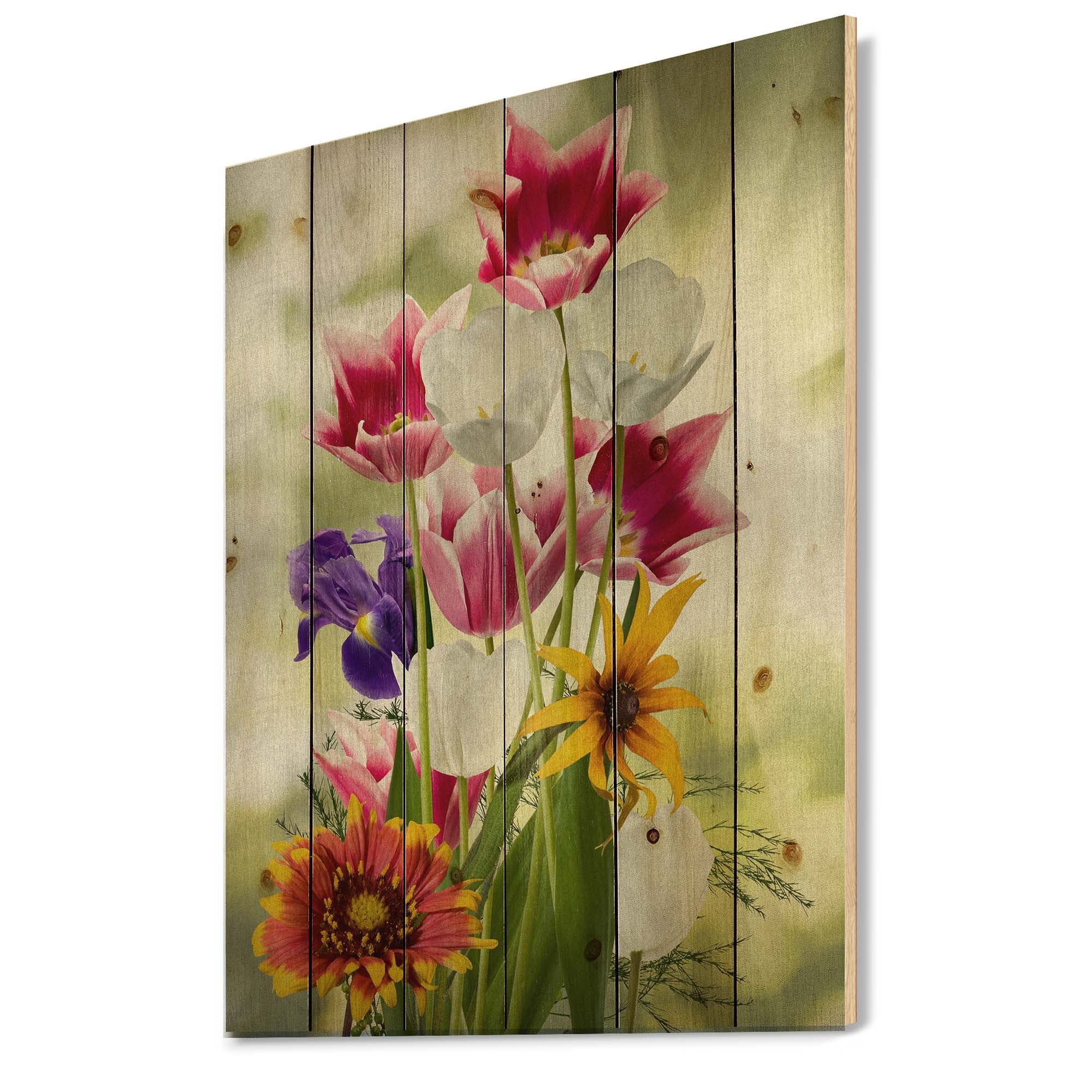 Designart 'Vibrant Purple Red and Yellow Wildflowers' Traditional Print on Natural Pine Wood