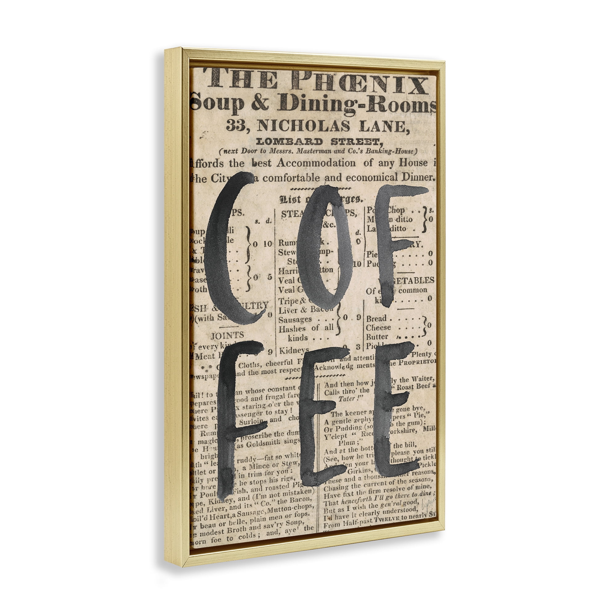 Stupell Industries Vintage Coffee Newspaper Gold Framed Floater Canvas Wall Art, design by Lucille Price