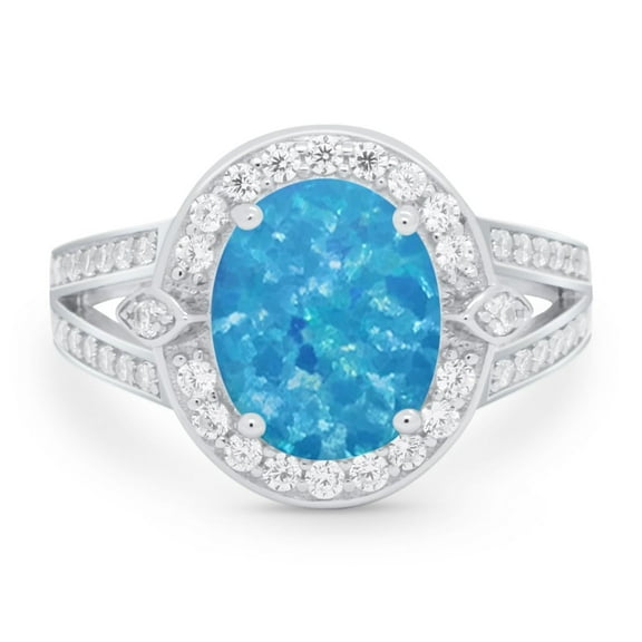 Art Deco Split Shank Bridal Ring Lab Created Blue Opal 925 Sterling Silver Size 9
