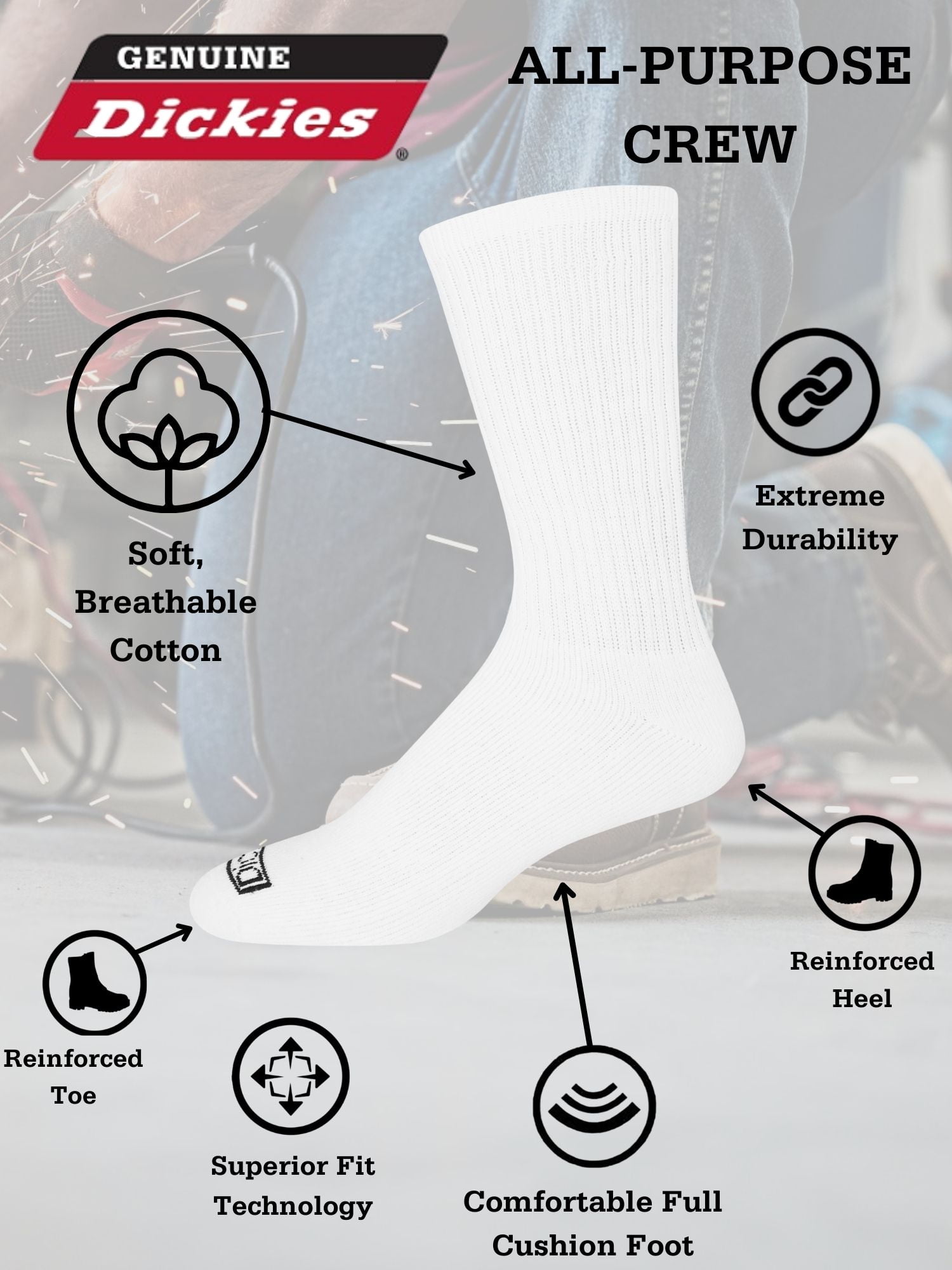 Genuine Dickies Men's Value Work Crew Sock,12 Pack White Size 6-12