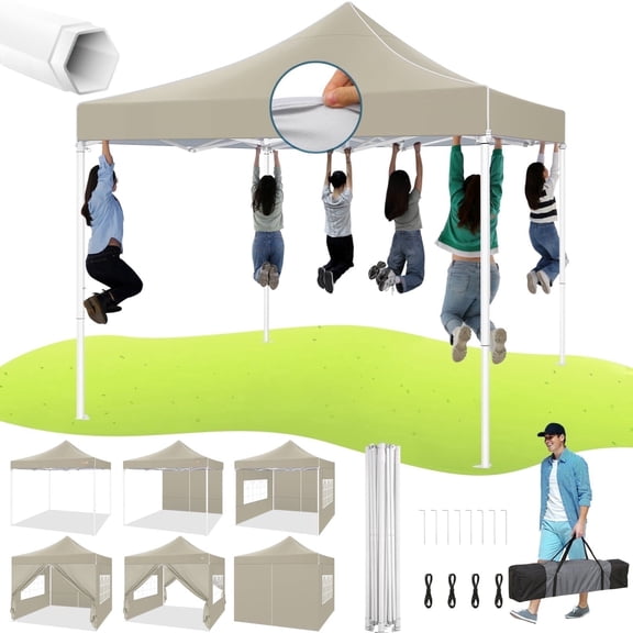 Hoteel 10x10 Heavy Duty Canopy Tent with 4 Sidewalls, Commercial Instant Shelter Tent for Parties, Wedding Event, Adjustable Outdoor Canopy with Carry Bag, 4 Ropes & 8 Stakes, Khaki