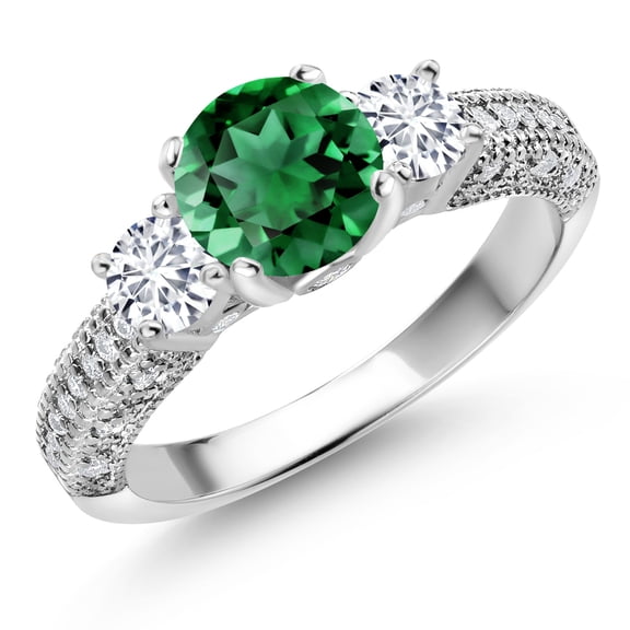 Gem Stone King 925 Sterling Silver Green Nano Emerald White Lab Grown Diamond and White Moissanite Engagement Ring for Women (1.84 Cttw, Gemstone May Birthstone, Round 7MM and 4MM, Size 6)