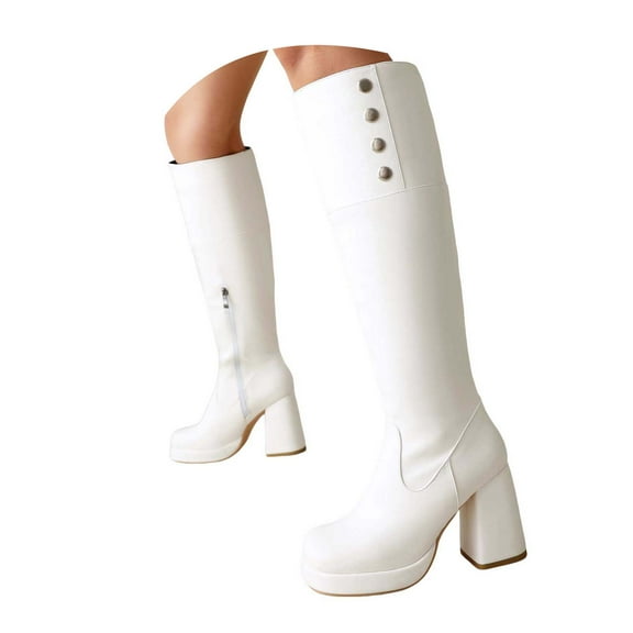 Chenyee Womens Leather Knee High Boots Platform Square Toe Block High Heeled Wide Calf Riding Booties
