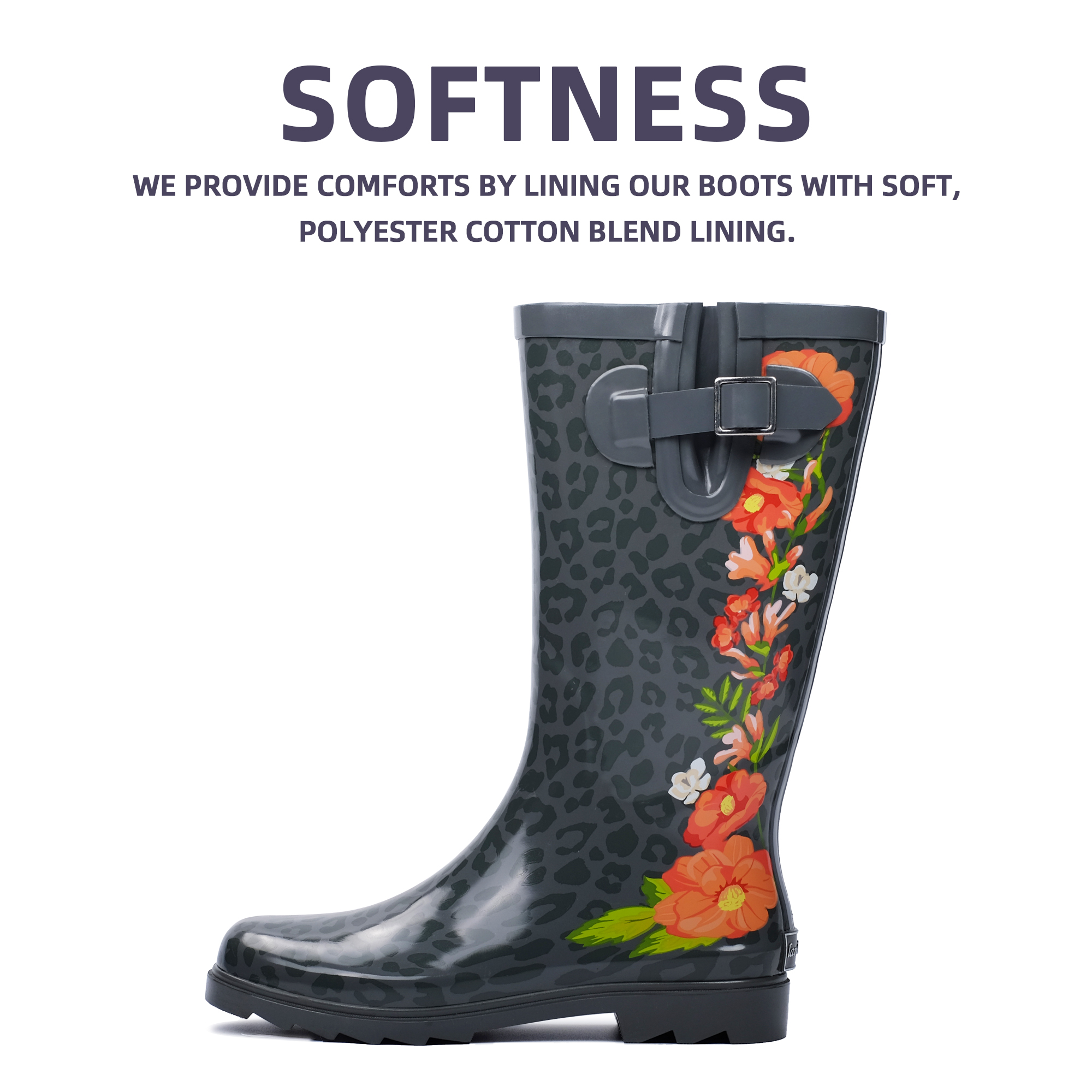 Landchief Women's Tall Waterproof Rubber Rain Boots for Garden, Size 7, Red Flowers