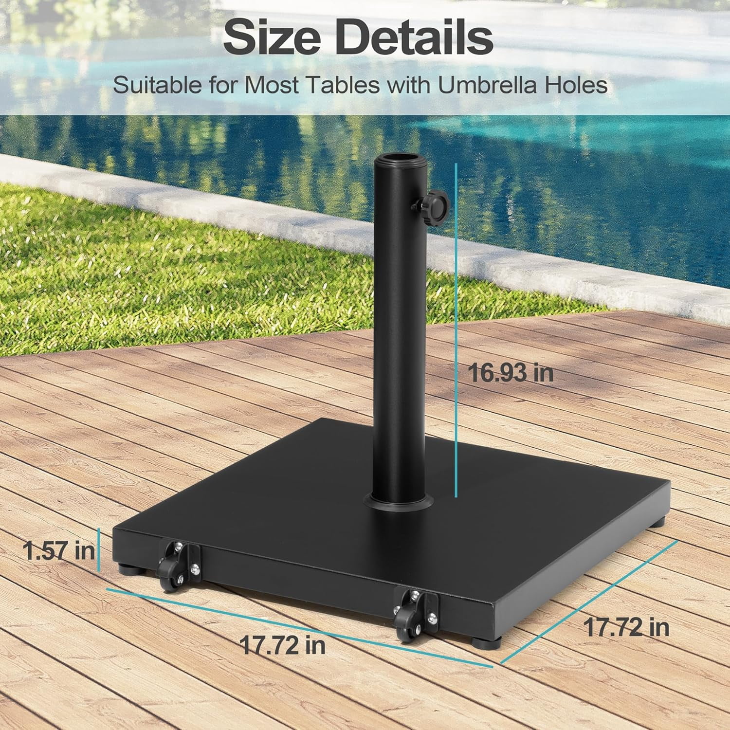 Patio Umbrella Base 43lbs Outdoor Umbrella Stand with Wheels, Heavy Duty Square Concrete Stand Market Umbrella, Black