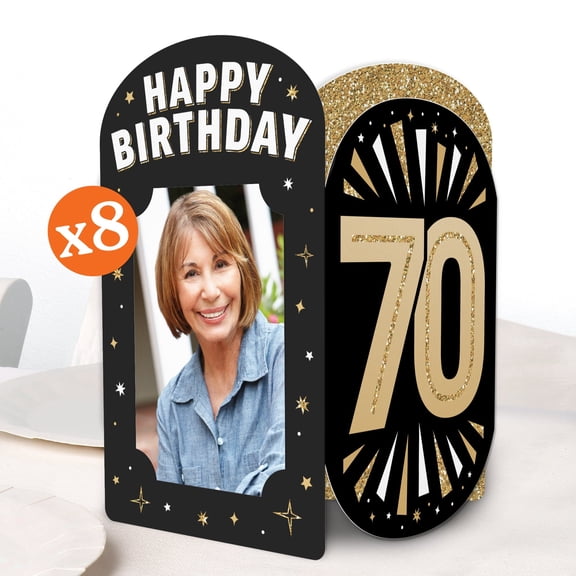Big Dot of Happiness 70th Birthday Photo Holder Centerpieces, 4x6 Picture Display Box, Black & Gold Table Decoration Centerpiece for Adult Birthday Party Decor, 8 Count