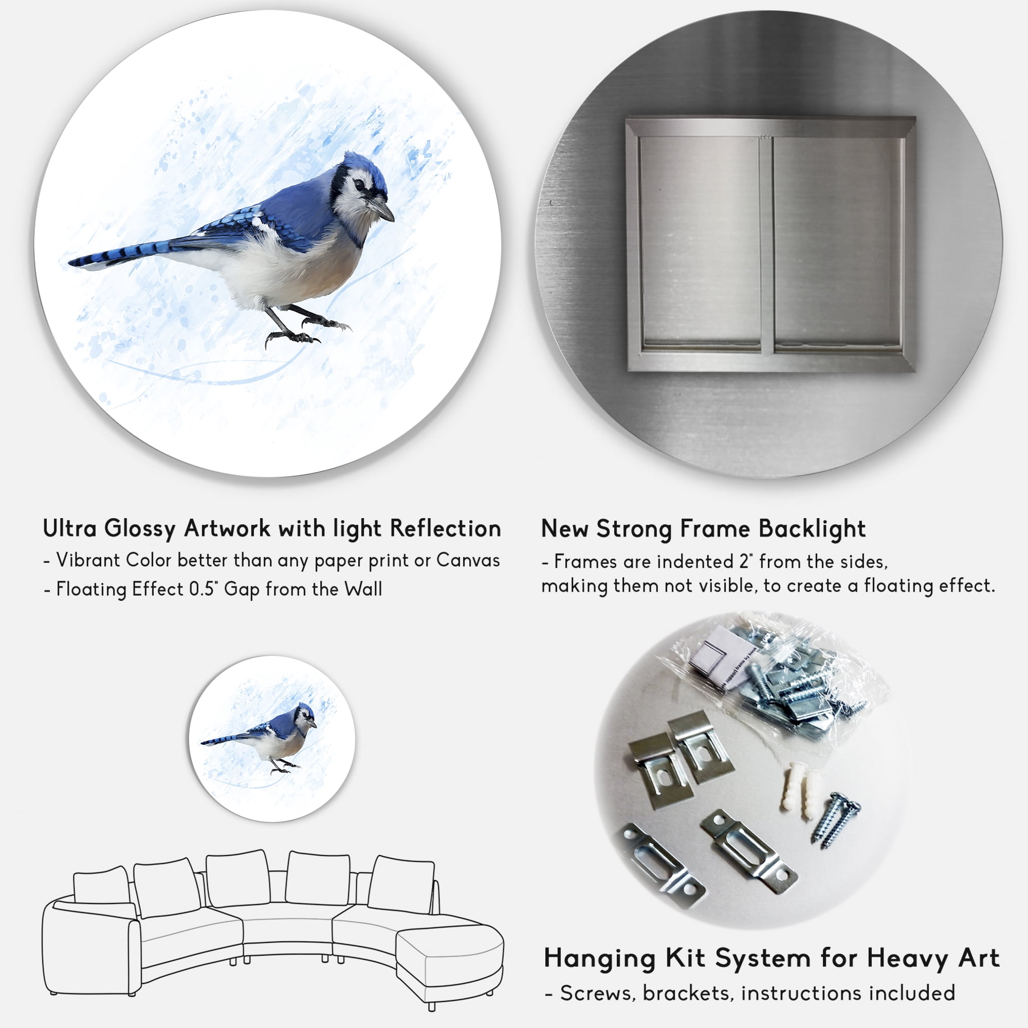 Designart 'Ancient Blue Jay Bird' Traditional Circle Metal Wall Art 23x23 - Disc of 23