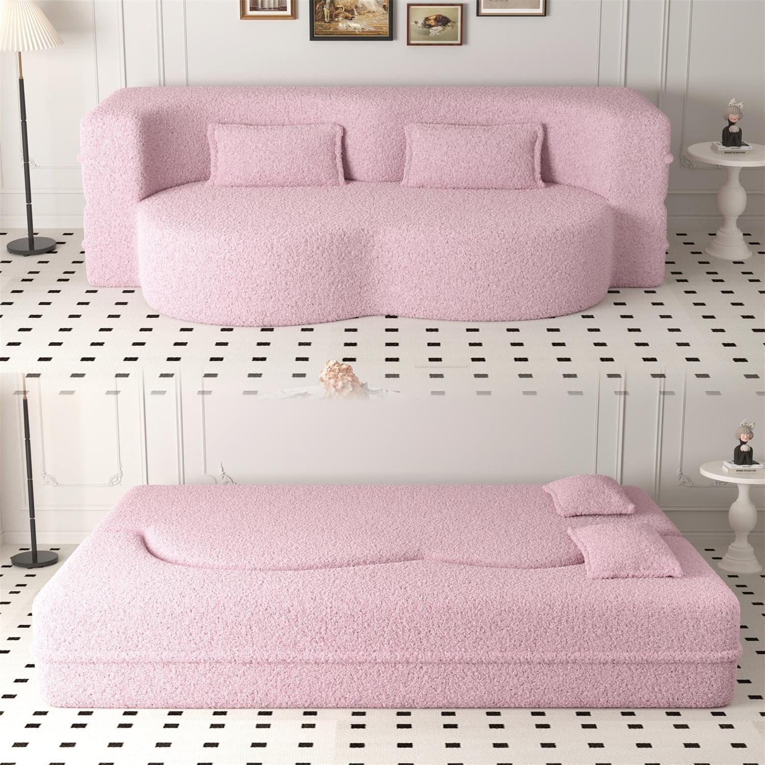 Demi Bonn Modern Convertible Floor Sofa Bed with 2 Pillows, Full Size 15" Folding Mattress, Teddy Fabric Foam-Filled for Living Room, No Assembly Needed, Pink