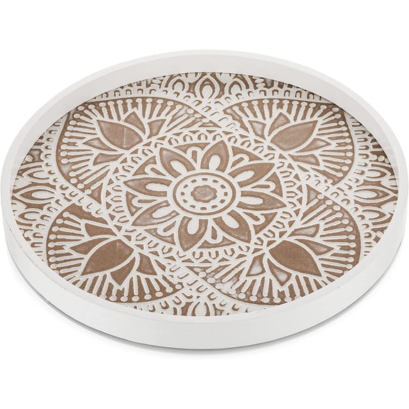 Decorative Serving Tray Round: Farmhouse Coffee Table Decor Boho White Mandala Trays for Living Room Kitchen Bathroom Display