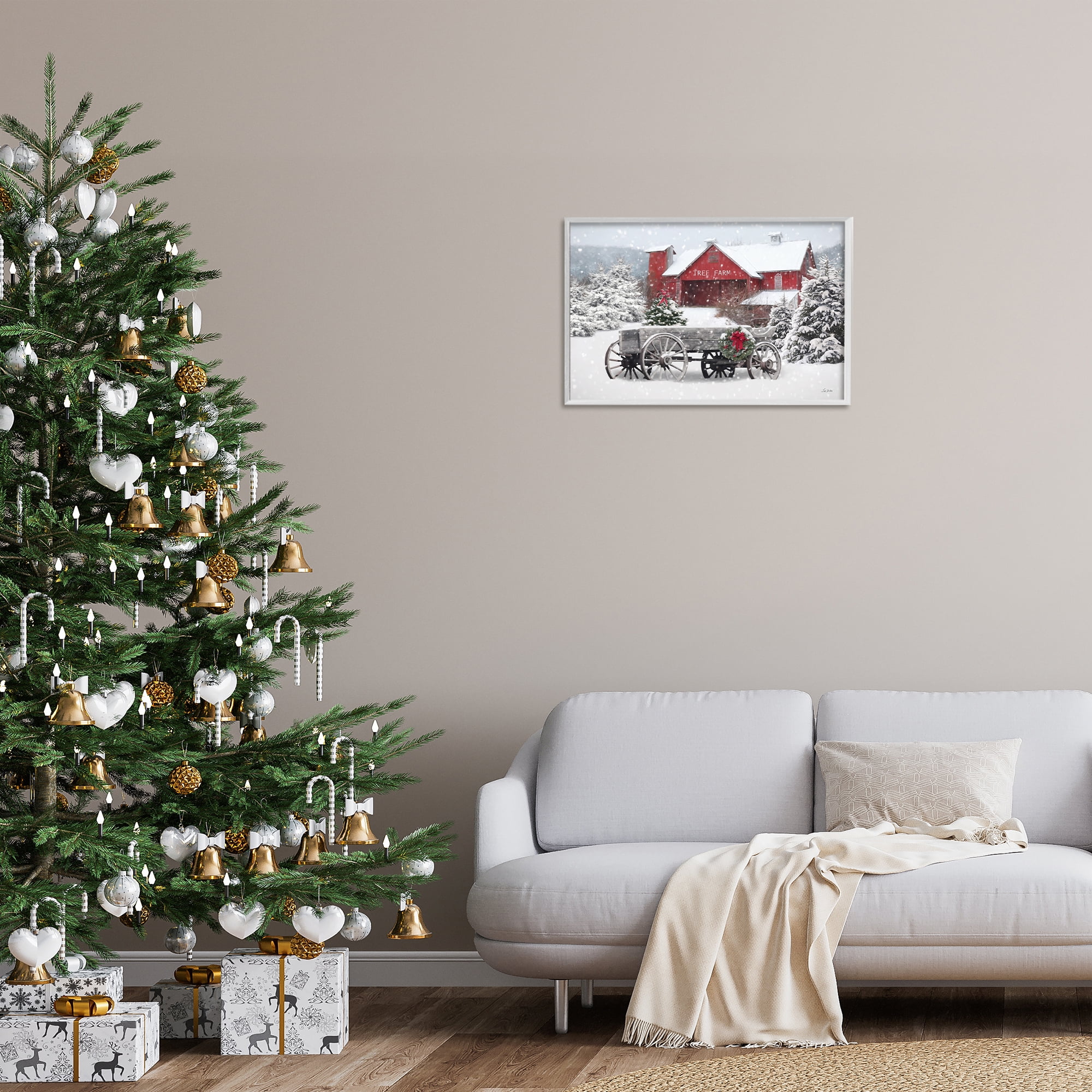 Stupell Industries Winter Wagon & Barn Holiday Painting White Framed Art Prints Wall Art, 24 x 16