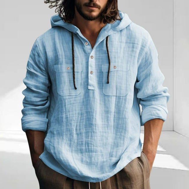 pstuiky Camisas de manga larga abrigadas para hombre, Camisa informal de manga larga con capucha y bolsillo de color liso para hombre Tops de hombre xl