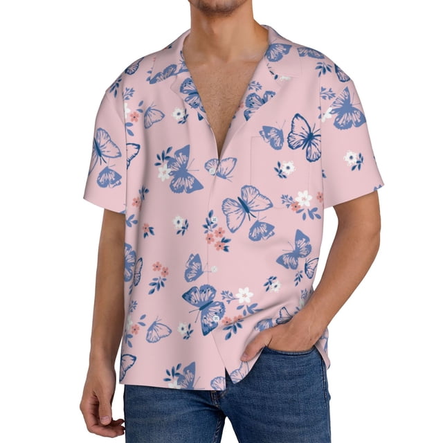 Fotbe Butterfly Camisa Estampada de Manga Corta para Hombre, Casual de Verano, Estilo Playero, Sin Arrugas-3X-Large