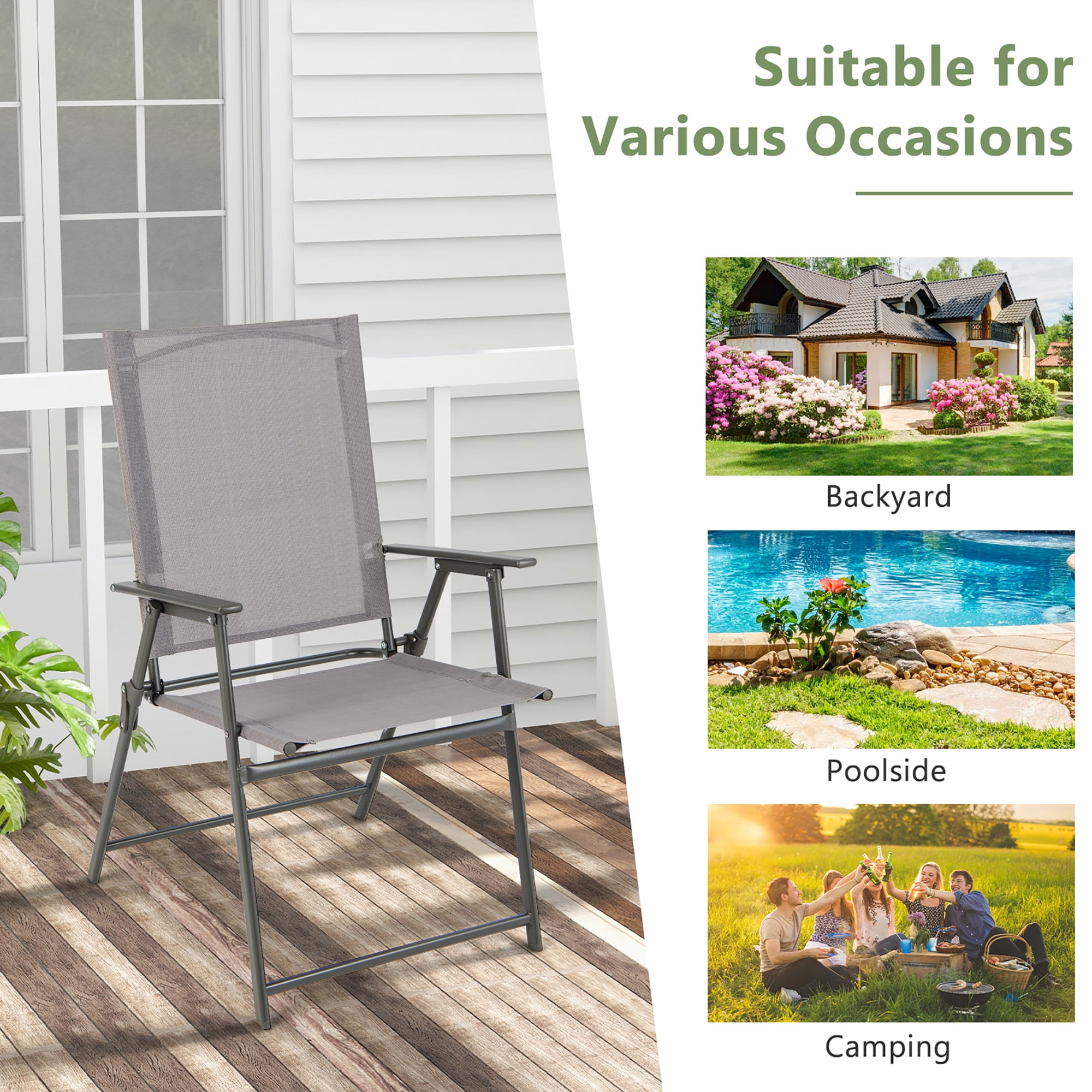Costway 4pcs Patio Folding Portable Dining Chairs Metal Frame Armrests Outdoor Grey