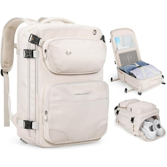 Maelstrom Travel Backpack for Men Women, 35L Carry on Backpack for Traveling on Airplane,with Belt Bag&Shoe Compartment,Waterproof Laptop Backpack fit 17”Laptop-Pure Black,Large