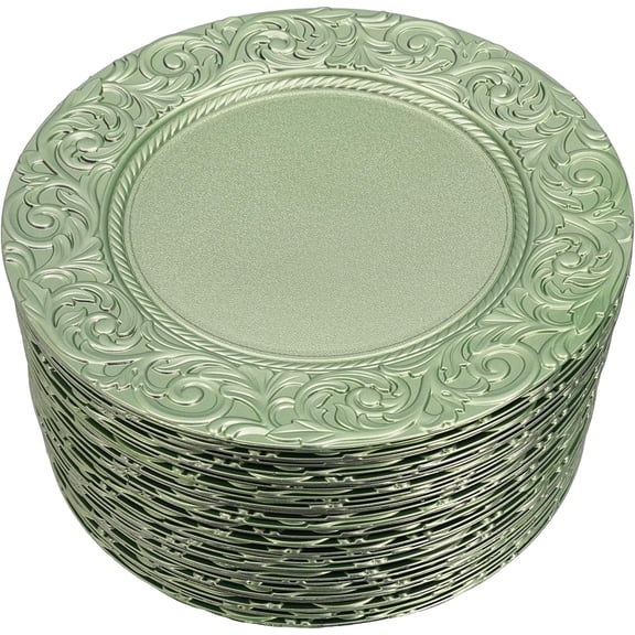 Miumaeov 100 Pcs Charger Plates Bulk Plastic Embossed Dinner Plate Chargers Decorative Chargers for Table Dinner Kitchen Party Decoration