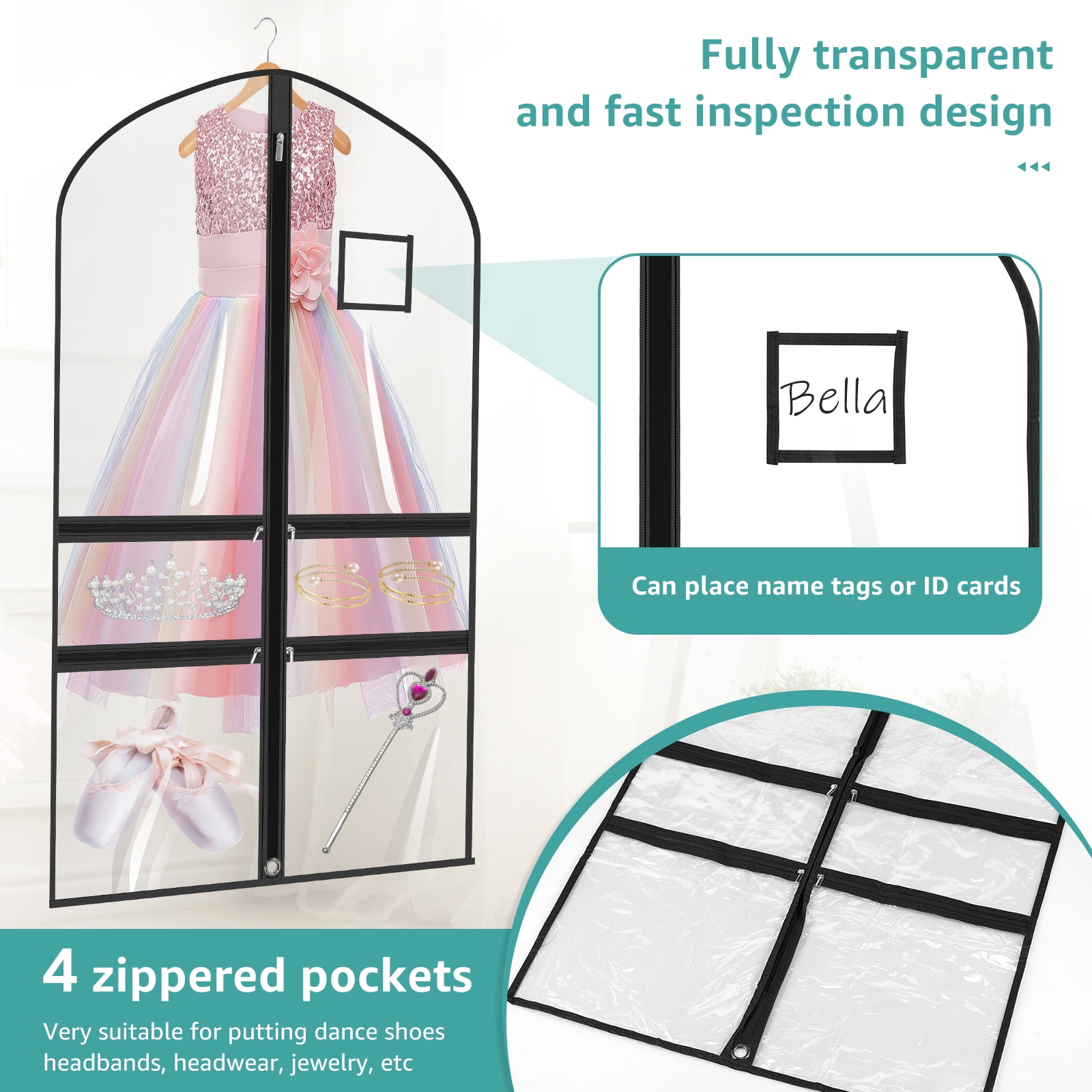 4/8 Pack Dance Garment Bag 40" x 22" PVC Clear Costume Bag for Dancer with 4 Zippered Pocket for Hanging Clothes for Dance Competition Recital Travel and Closet Storage