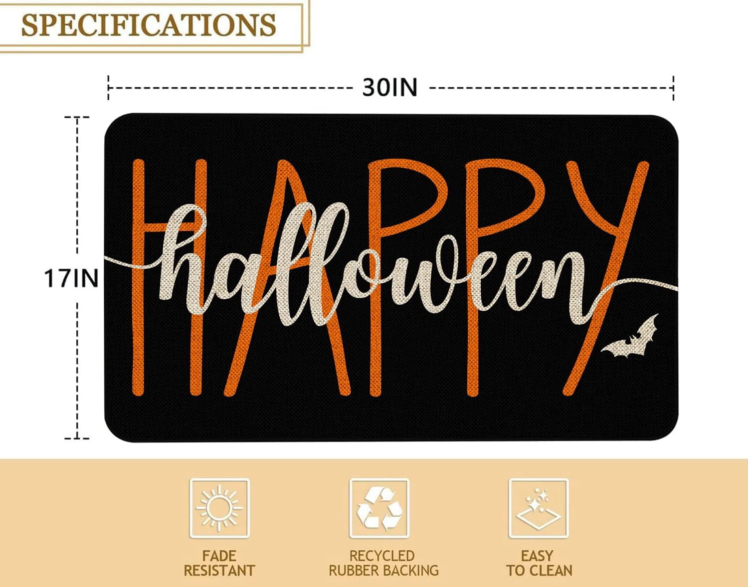 Happy Halloween Door Mat Indoor Outdoor Front Door Mat Non-Slip Durable Rubber Black and Orange Funny Door Mats Low Profile Machine Washable Door Rug for Entry, Patio,Lawn, 30x17 Inch