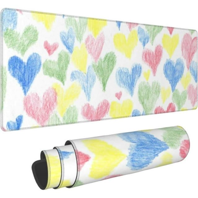 HandDrawn Colored Hearts Gaming Mouse Pad 31.5 x 11.8 Inch Large Desk Keyboard Mat with NonSlip Rubber Base and Stitched Edges, Perfect for Work, Play, Office, and Home