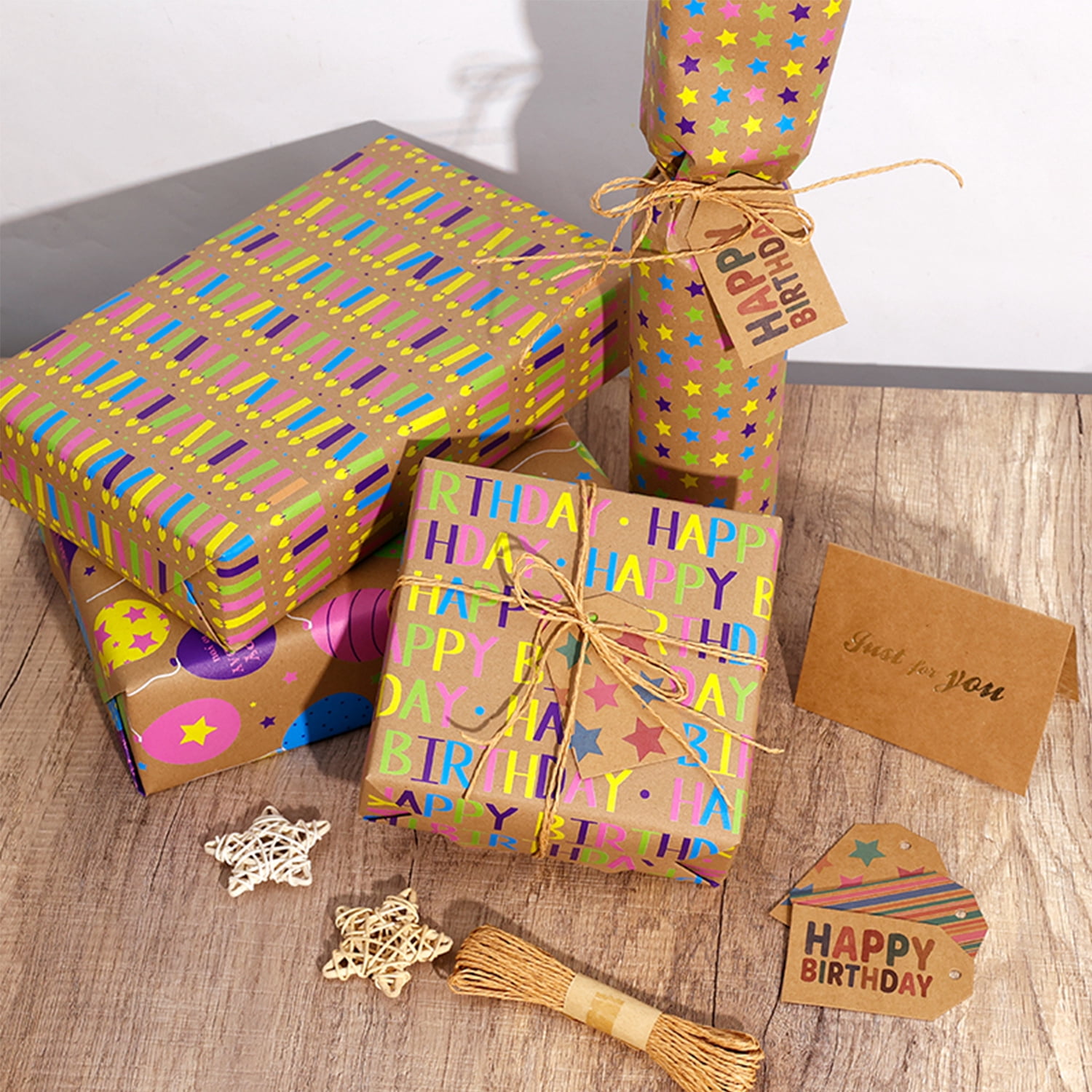Kraft Birthday Wrapping Paper, Vintage Brown Gift Wrap Paper with Colorful Balloons Candles Happy Birthday for Party - 3 Rolls, 17 inch X 120 inch Each