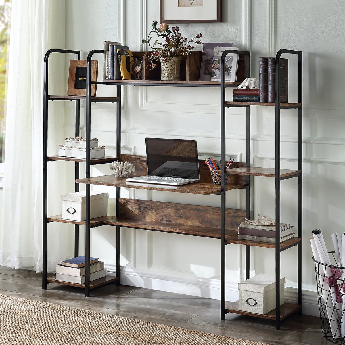 Kepooman Modern Metal Computer Desk with Storage Hutch & Double Bookcase for Home Office, 63"L x 19.9"W x 59.4"H, Brown Kepooman Modern Metal Computer Desk with Storage Hutch & Double Bookcase for Home Office, 63"L x 19.9"W x 59.4"H, Brown