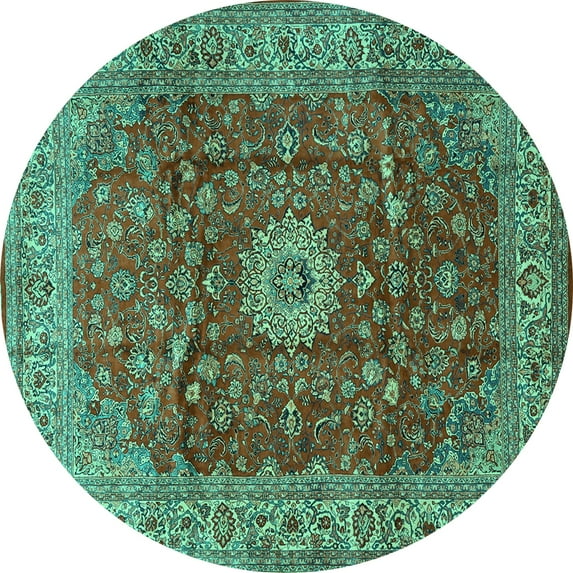 Ahgly Company Indoor Round Medallion Turquoise Blue Traditional Area Rugs, 4' Round