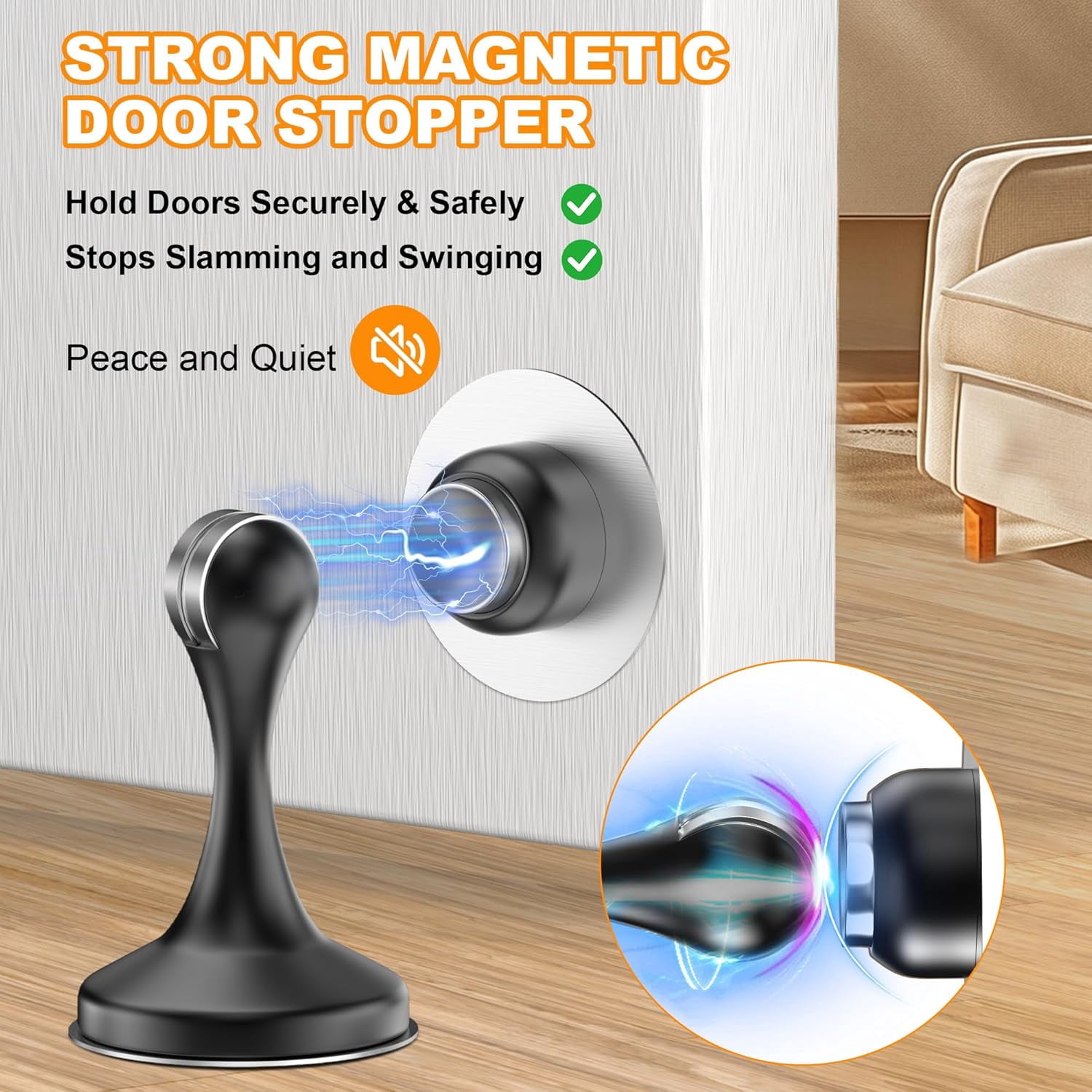 JJEAN-Magnetic Door Stoppers 2 Pack, Stainless Steel Door Stops, Wall-Mounted and Floor Mounting Metal Doorstops, Door Holder Keep Door Open, No Drilling Door Stop with Adhesive Tapes, Black