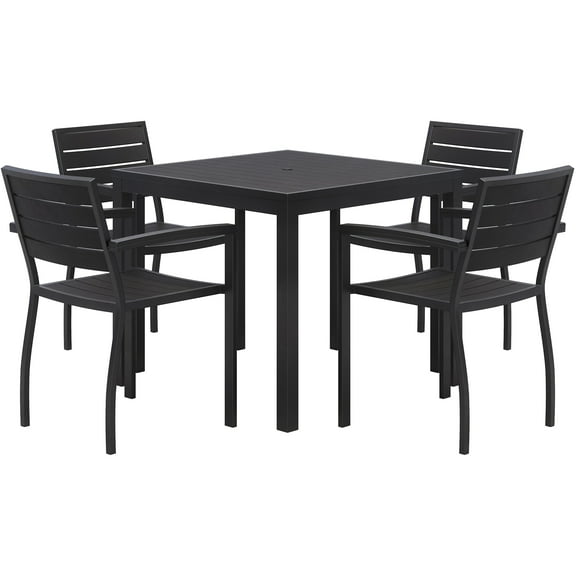 Eveleen 35in Square Dining Table Set- Black Top- 4 Chairs