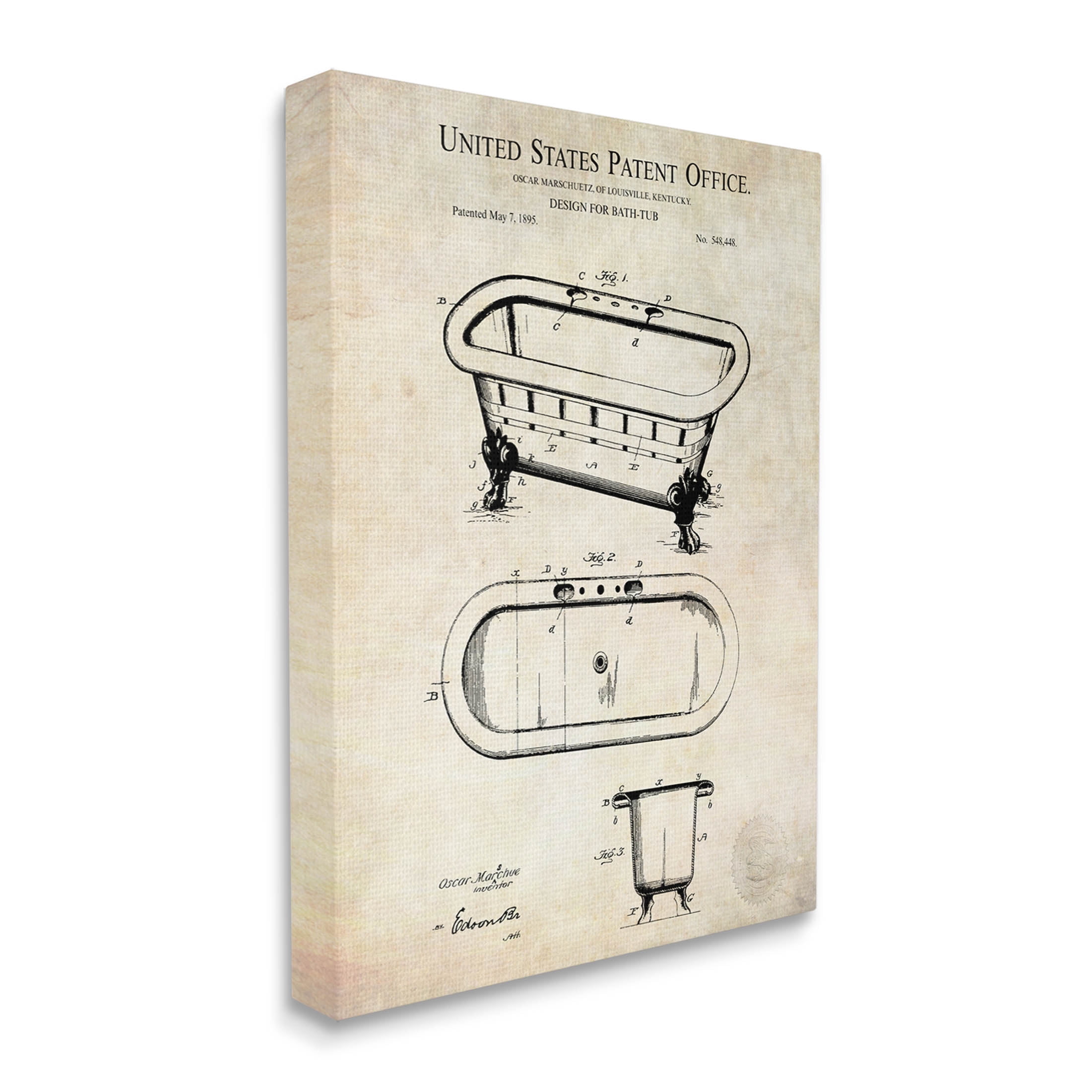 Stupell Industries Vintage Bathtub Patent Diagram Graphic Art Gallery Wrapped Canvas Print Wall Art, Design by Karl Hronek