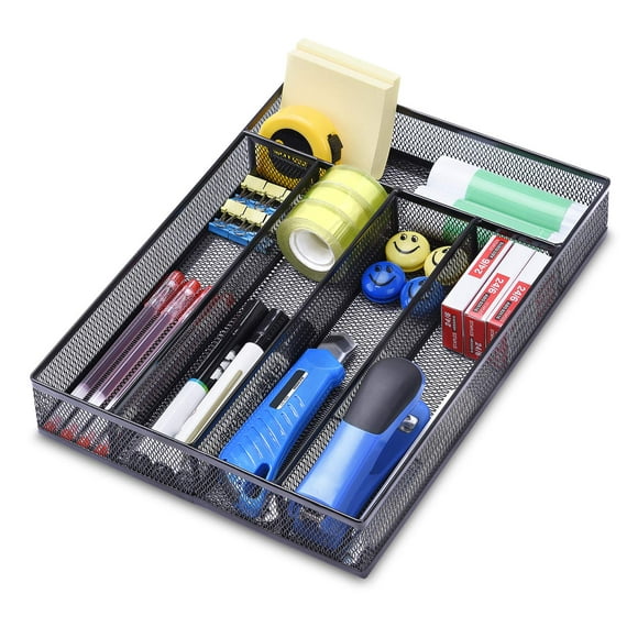 WuGeShop Organiseur de Tiroir de Bureau, Plateau Organiseur de Tiroir en Maille à 5 Compartiments pour Rangement Fournitures d'Art, Papeterie, Noir