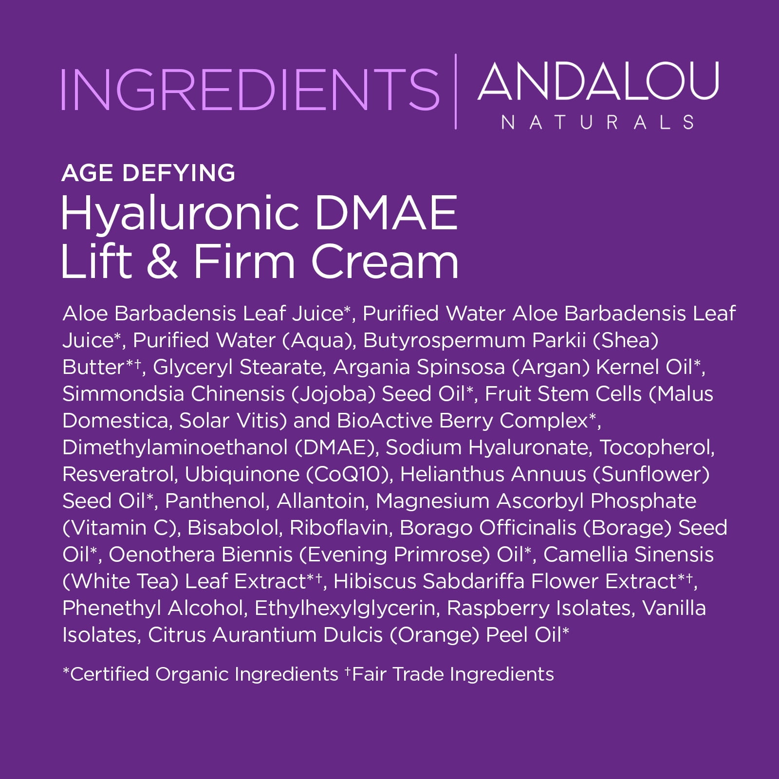 Andalou Naturals AGE DEFYING Hyaluronic DMAE Lift & Firm Face Cream, 1.7oz For Fine Lines & Wrinkles