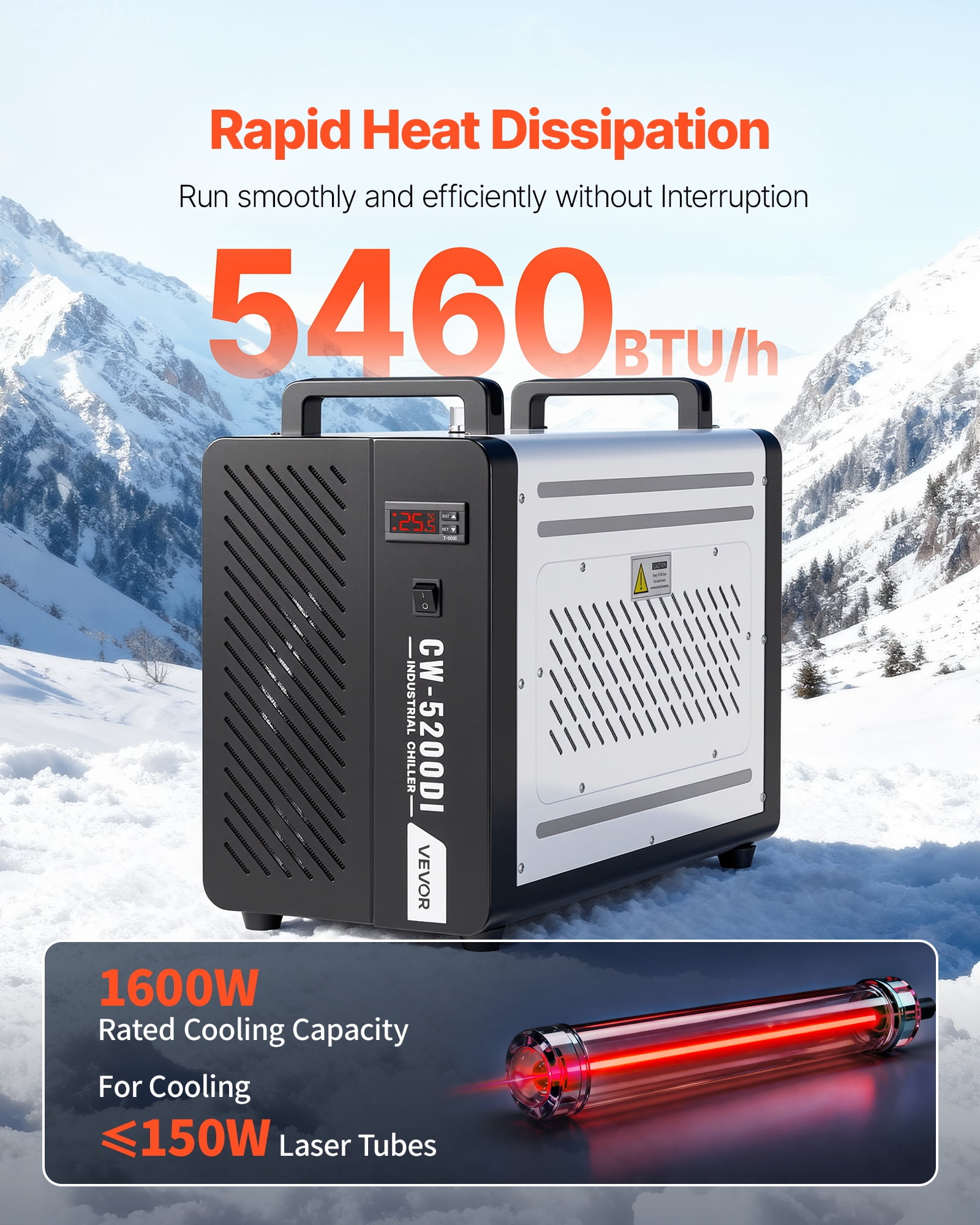 VEVOR Industrial Water Chiller, 5460 BTU/h, Industrial Water Cooler Cooling System with Compressor, 4.2 GPM Max Flow, 1.8  Gal Tank Capacity, Laser Chiller, for CO2 Laser Engraving & Cutting Machine