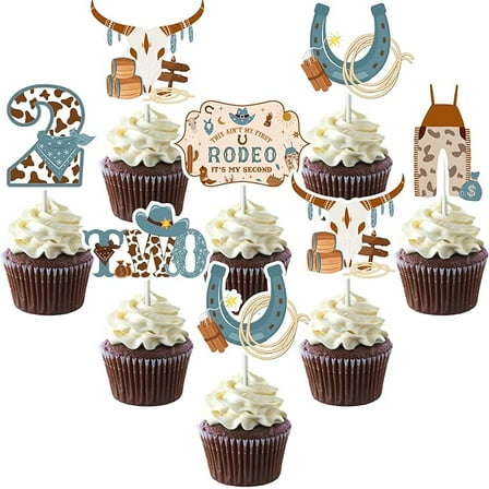 24pcs Western Cowboy Cupcake Toppers, 24pcs This Aint My First Rodeo It’s My Second Cupcake Toppers Birthday Decorations for Boy My 2nd Rodeo Birthday Decorations
