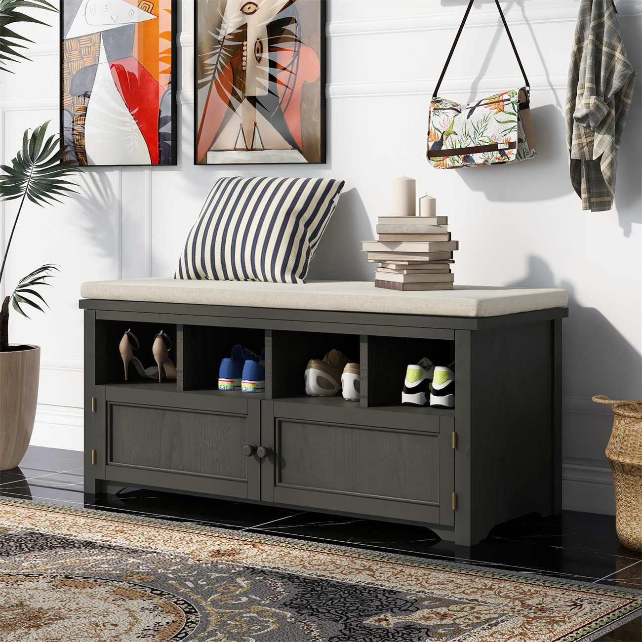 TwoDoor Storage Bench, Rustic Style Entryway Bench with Linen