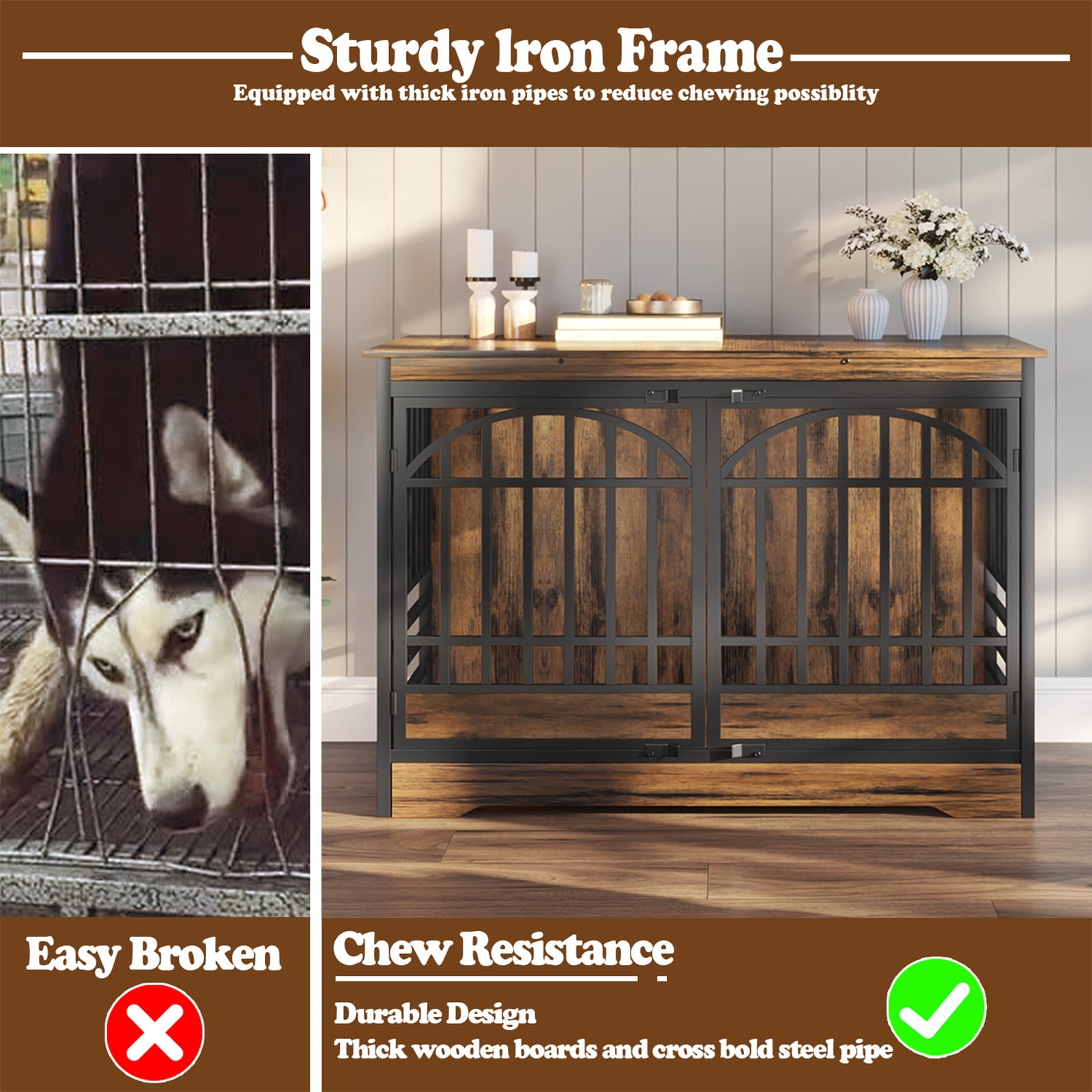 Bel Ark 52 inch Dog Crate Furniture Wooden Indoor Dog Cage XL Indoor Dog Kennel for Extra Large Dog with Double Arched Doors