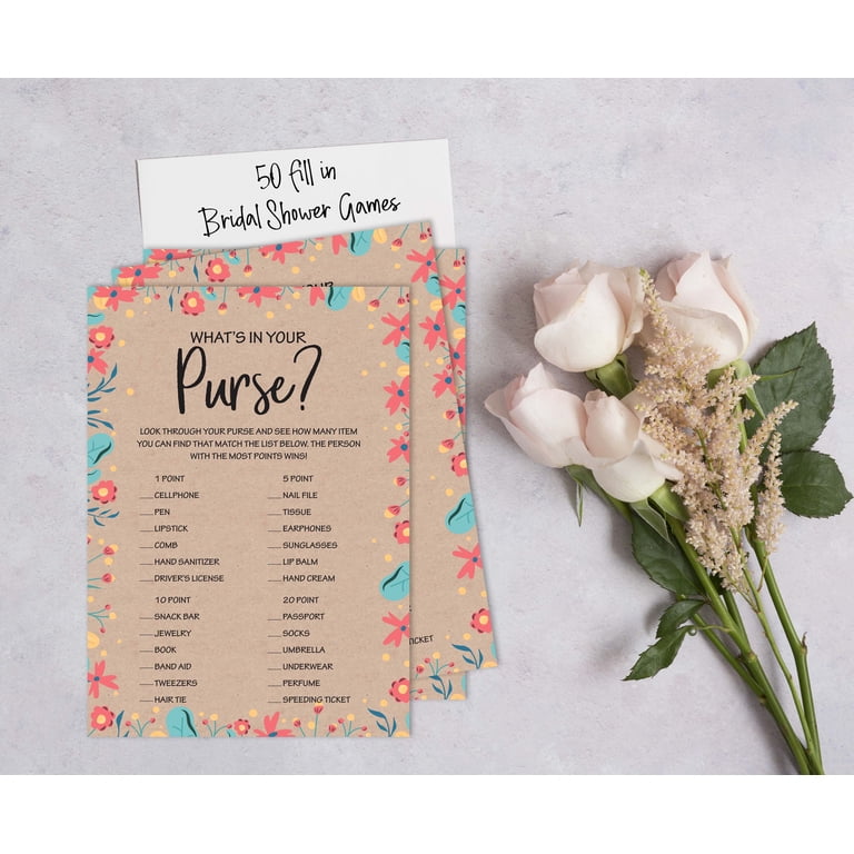 Bridal Shower Games Bulk Pack - 'What's In Your Purse' Activity Cards, 50-Pack With Gold Confetti, Fun For Bachelorette & Wedding Parties