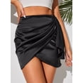 thumbnail image 3 of Wenseny Women’s Satin Side Pleated Wrap Skirts Asymmetrical Ruched A-Line Skirt Black XL, 3 of 8