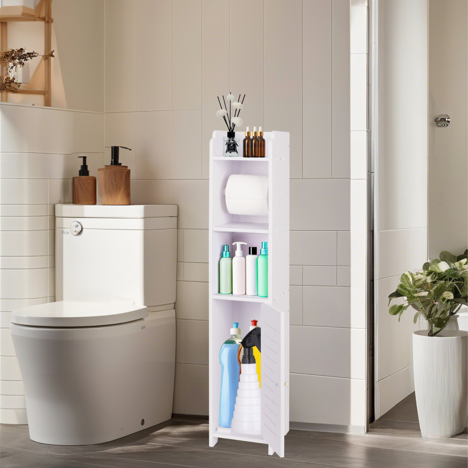 YOYTOO Bathroom Storage Cabinet with Doors and Shelves, Toilet Paper Roller Holders Free Standing Organizer for Small Spaces