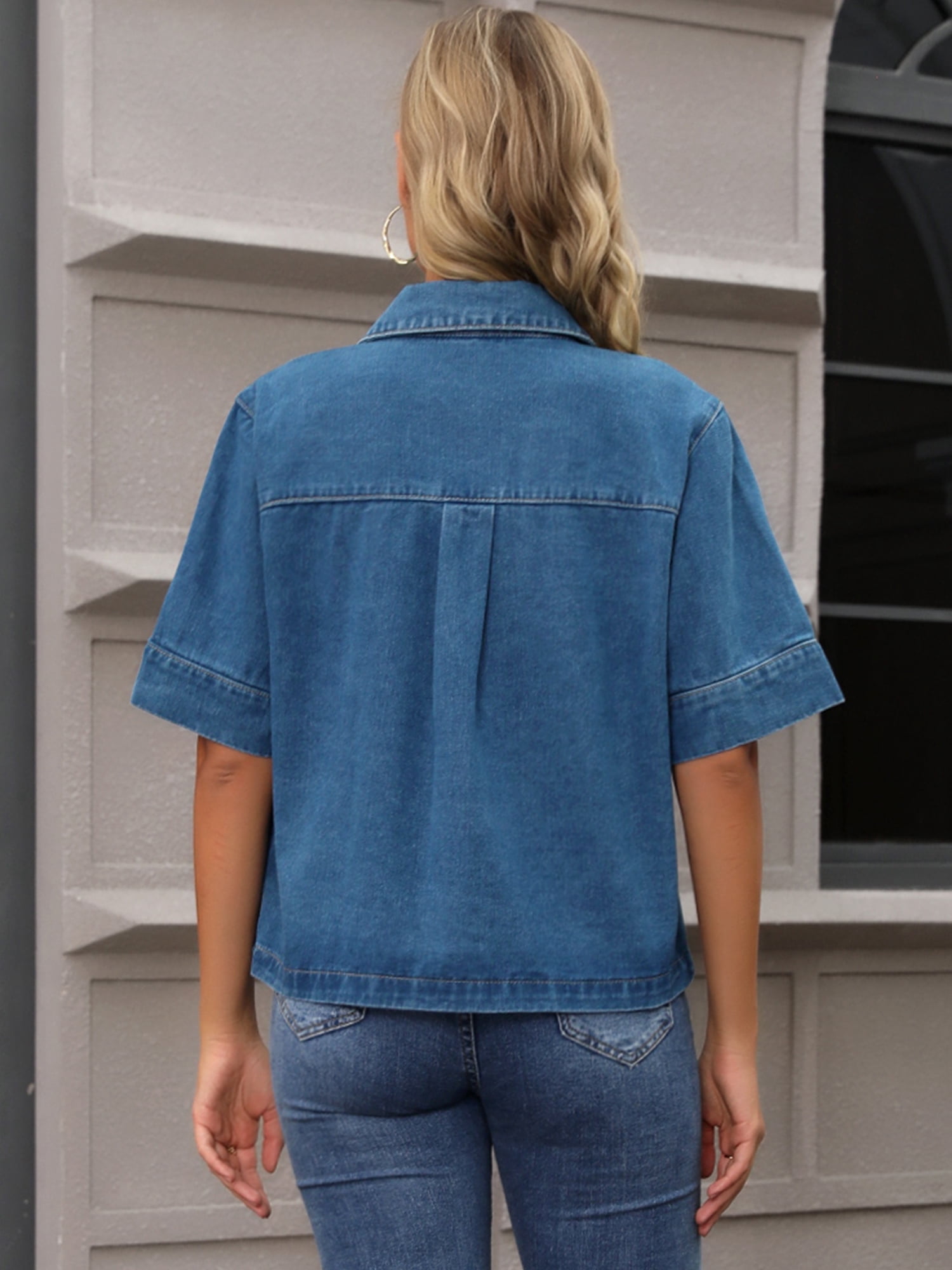 DARING DIVA Women's Short Sleeve Button Down Boxy Shirt Tops Jean Jacket XL Blue