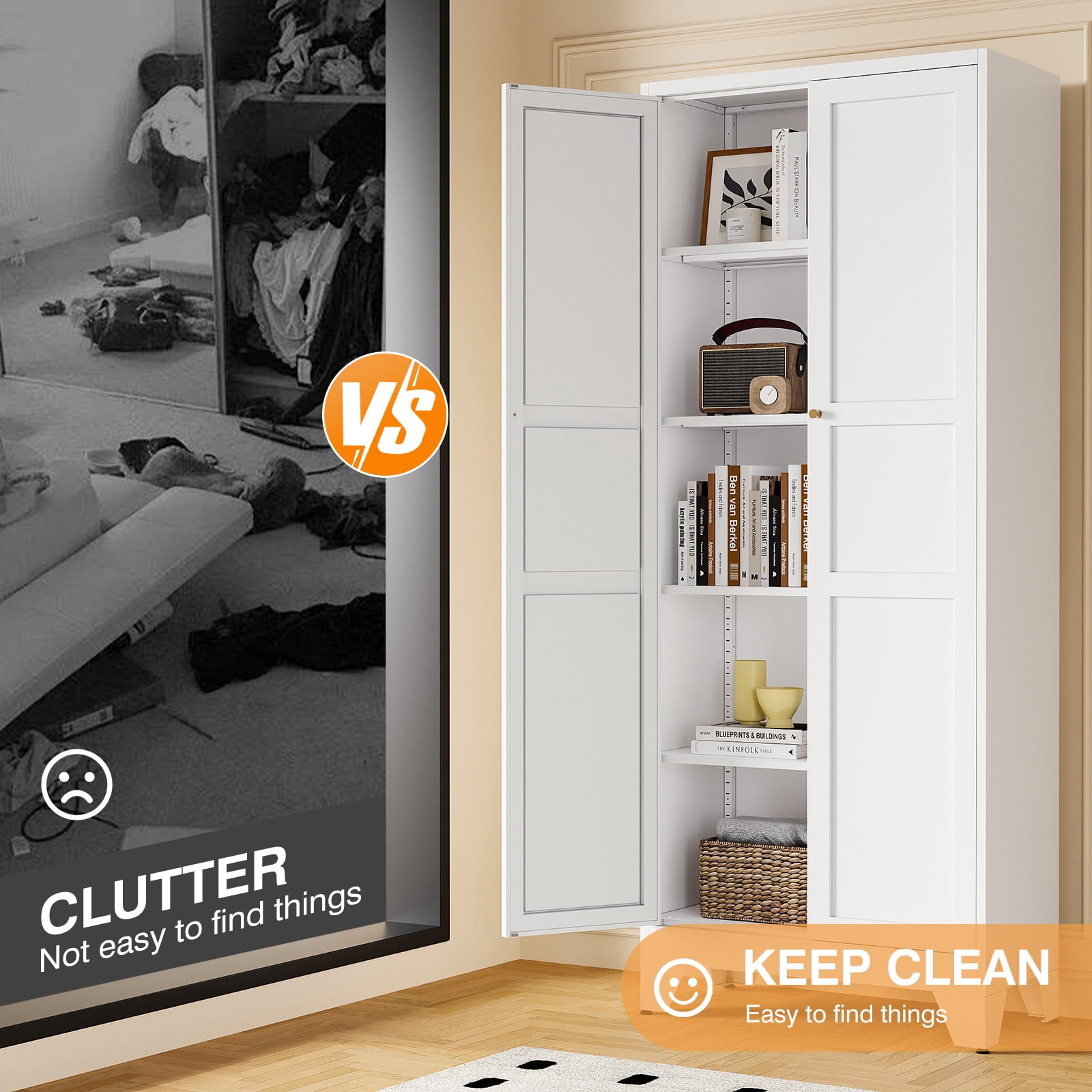 STANI 75"H Freestanding Storage Cabinet with 4 Adjustable Shelves and Legs, Metal/Alloy Steel, for Cupboard/Dining Room/Bathroom/Living Room/Office/Laundry Room (White, 75"H)