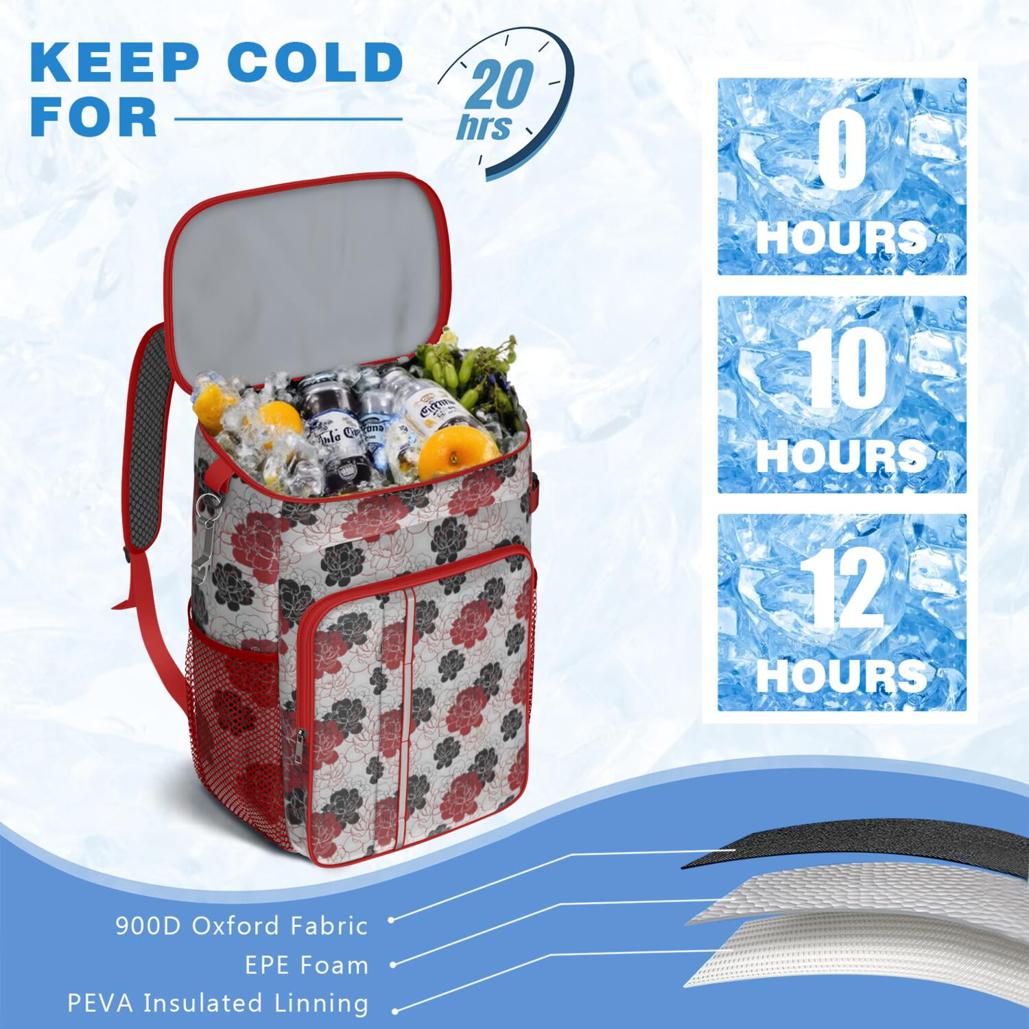 Travel Cooler Bag - Pioneer Flower Floral Print Pattern Camping Beer Cooler Backpack with Bottle Opener- Waterproof Insulated Picnic Backpacks - Cooler Bag for Beach