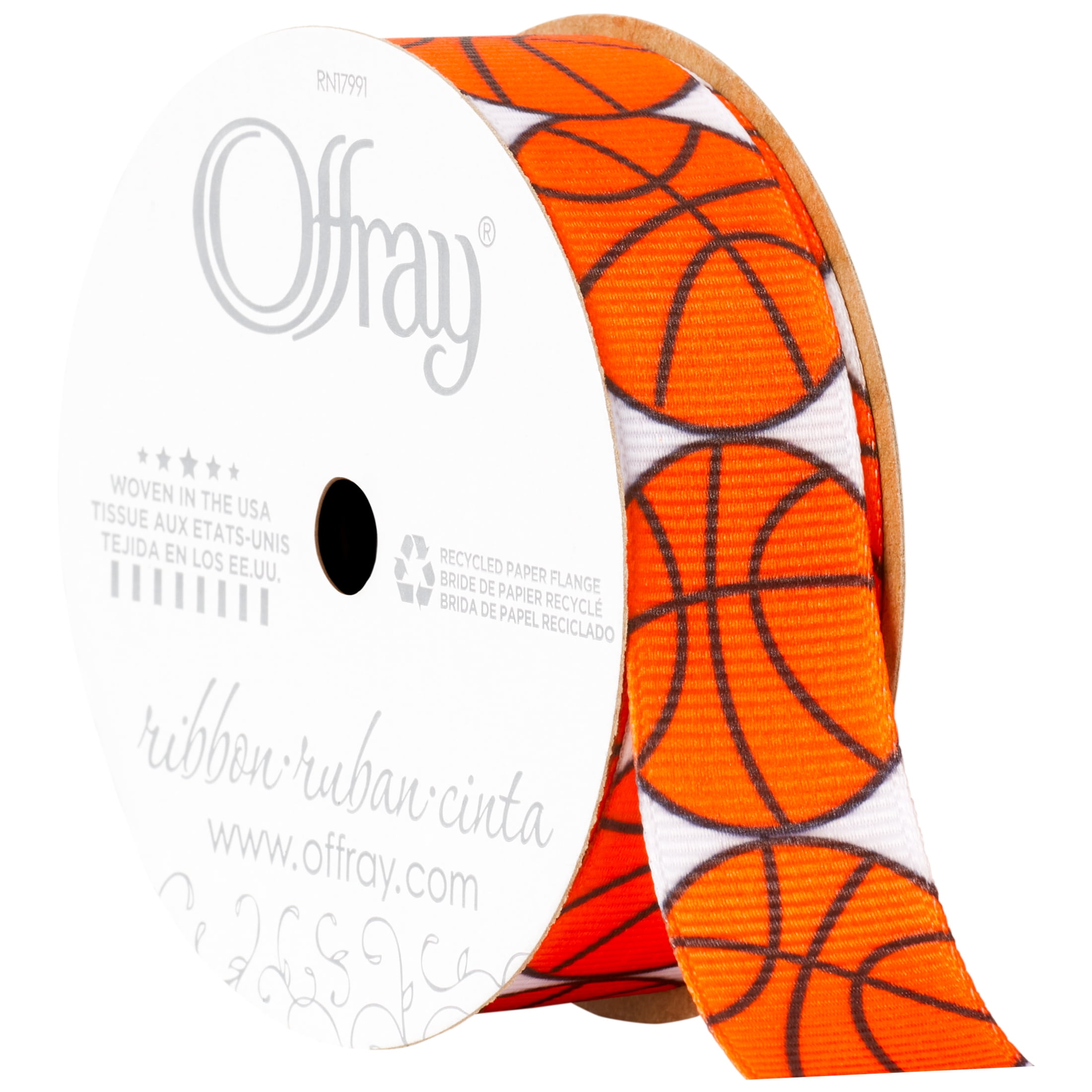 Offray Ribbon, White Orange 7/8 inch Basketball Grosgrain Ribbon, 9 feet, 1 Each