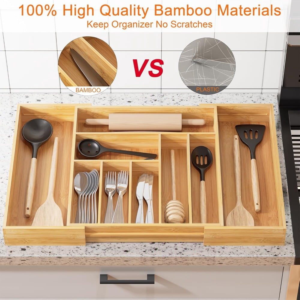 Bamboo Utensil Organizer for Kitchen Drawers, Utensil Tray and Cutlery Silverware Holder,Wood Drawer Dividers with 5 Slots