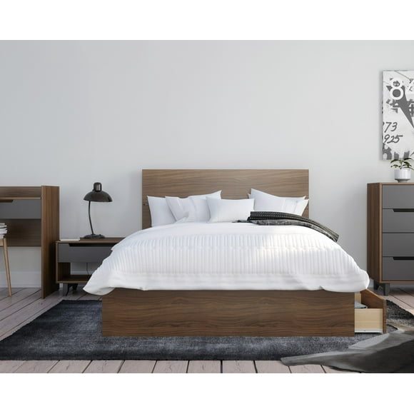 Nexera 402109 3-Piece Bedroom Set With Bed Frame, Headboard & Nightstand, Full|Walnut & Charcoal